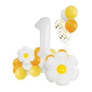 White Daisy Number Balloon Pillar Set Aluminum Foil Balloons Confetti Latex Balloons For Kids Birthday Party Decorations