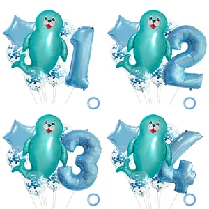 Blue seal foil balloon bouquet with star, confetti latex balloons, and blue number 1-4