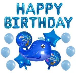 Set de cumpleaños tema océano azul con globo de ballena y banner de Happy Birthday
