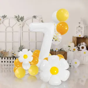 Daisy theme party set with large white number 7 balloon and yellow latex balloons