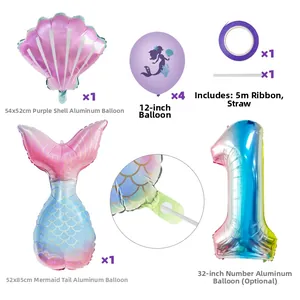 Detailoverzicht van zeemeermin ballonkit met schelp, staartvormen en paarse ballonnen