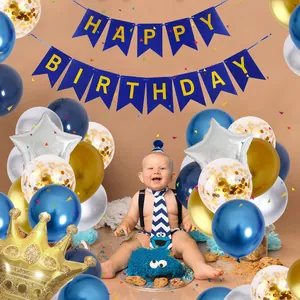 Blue and gold birthday party set with star balloons and happy birthday banner decorations