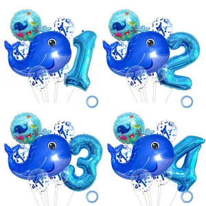 Blue whale theme birthday party balloon set with large foil whale and number 1-4 balloons