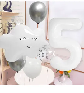 Detail of white number 5 balloon set with smiley cloud and silver confetti latex balloons