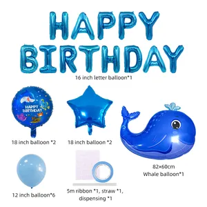 Set de cumpleaños océano azul con globos de ballena, tiburón, estrellas y accesorios