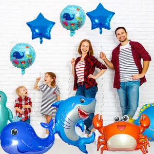 Ocean animal balloon set with blue shark, whale and orange crab for birthday party decor
