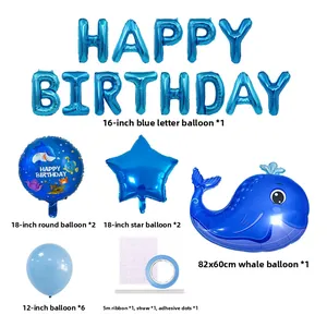Set de globos de cumpleaños de océano azul con ballenas tiburones y cartel de fiesta