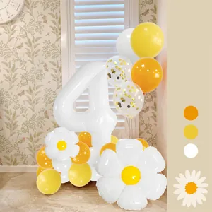 Daisy balloon arch kit with white number 4 and floral decorations for birthday party