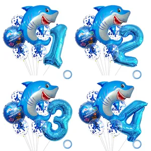 Blue shark birthday balloon set with number foil and confetti balloons on white background