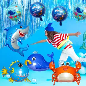 Marine life foil balloon set with shark, whale and crab for ocean themed party decor