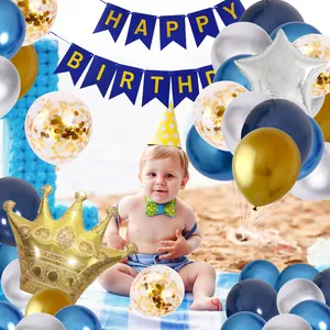Blue and gold birthday decoration set with latex balloons, crown balloon and banner