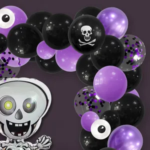 Halloween balloon garland kit with purple and black latex balloons and skull foil balloon