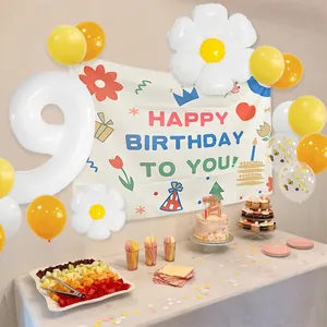 Daisy theme birthday party set with number 9 balloon and Happy Birthday banner kit
