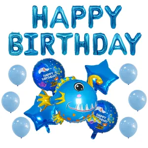 Kit de globos de animales marinos azules con cartel de cumpleaños y figuras de mar