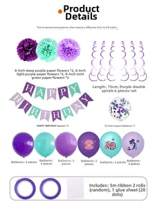 Détails du kit de fête sirène violet et menthe avec ballons, guirlandes et pompons