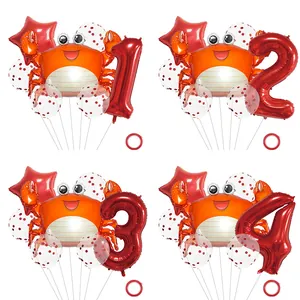 Marine life birthday set featuring orange crab and red number foil balloons with star accents