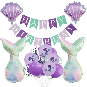 Meerjungfrau Geburtstag Party Dekoration Set Lila Seegrün Fischschwanz Muschel Folienballons Happy Birthday Banner Für Mädchen Kinder