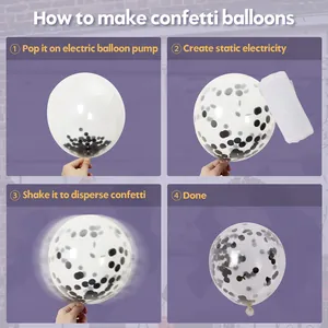 Step-by-step guide showing how to assemble and inflate purple and black confetti balloons
