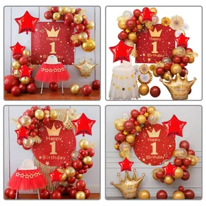 Set decorazioni 1° compleanno rosso e oro con arco di palloncini corona e banner