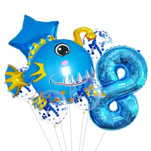 Blue ocean themed party balloon set with large anglerfish, star, and blue number 8