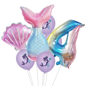 Set palloncini sirena con numero 4 sfumato, conchiglia e coda di sirena