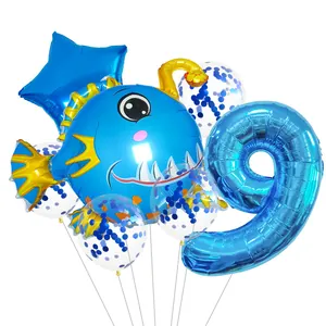Blue ocean theme 9th birthday balloons set with lantern fish and star foil balloons