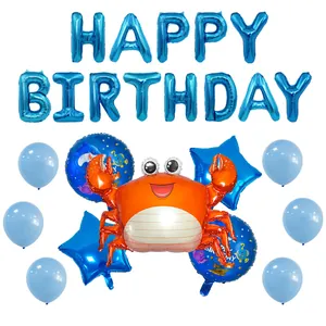 Set fiesta cumpleaños animales marinos con globos de letras azules, cangrejo y tiburón