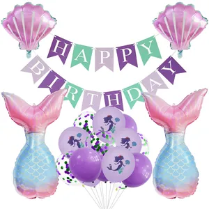 Meerjungfrau Deko-Set mit Muschelballons Fischschwänzen und Happy Birthday Girlande