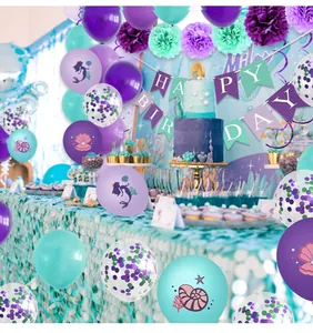 Kit fête sirène avec boules alvéolées violettes et bleu sarcelle et bannière d'anniversaire