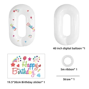Gedetailleerde set van 40-inch witte nummer 0 ballon met stickers en accessoires