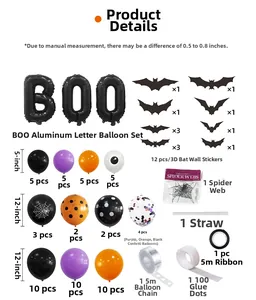 Detailed components of Halloween balloon arch kit with 3D bats and BOO foil balloons