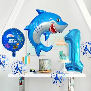 Shark theme 1st birthday balloon set with blue number 1 foil and cartoon fish for party decor