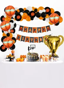 Comprehensive basketball party set with orange balloons, trophy foil, and birthday banner