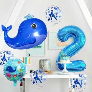 Ocean theme party set with blue whale balloon and giant number 2 foil balloon decoration