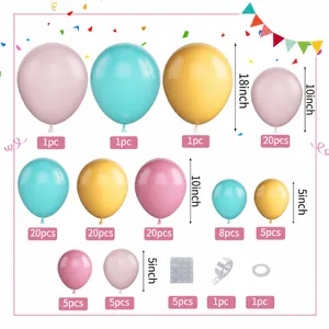 Detailed balloon arch kit list with colorful macaron balloons and assembly tools