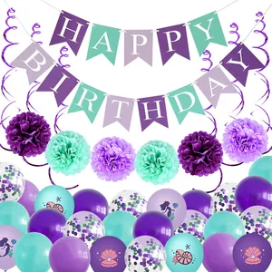 Décoration Fête Anniversaire Sirène Bannière Happy Birthday Ballons Pompons Papier Spirales Pour Filles Célébration Océan