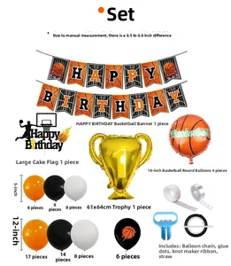 Detailed set list of basketball themed birthday party decorations with balloons and banner