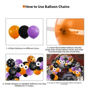 Guide for Halloween balloon arch assembly with orange black purple balloons and bat decals
