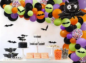 Kit de arco de globos de Halloween con globos morados, naranjas, negros y murciélago