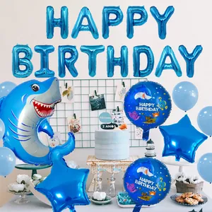 Kit de fiesta de cumpleaños tiburón azul con globos de papel y pancarta decorativa