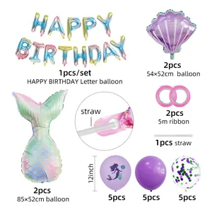 Detailansicht des 23-teiligen Meerjungfrau-Geburtstagsballon-Sets mit Maßen und Inhalt