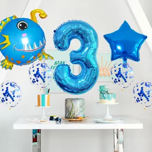 Blue anglerfish and number 3 balloon bouquet for 3rd birthday party decoration
