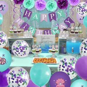 Kit déco fête sirène avec ballons violet turquoise et bannières Happy Birthday