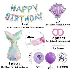 Detailliertes Inventar des Meerjungfrau-Party-Sets mit Folienballons und Muscheldekor