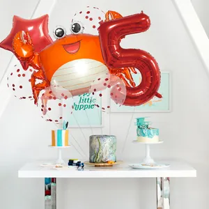 Sea animal crab and red number 5 foil balloon set for 5th birthday party decoration