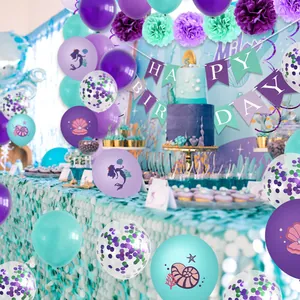 Kit fête sirène avec bannière Joyeux Anniversaire, ballons violets et fleurs en papier