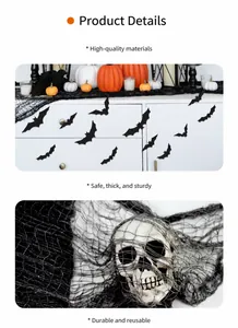 Detailed set of 3D black bat wall stickers and a realistic decorative skull with black mesh