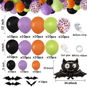 Kit de arco de globos de Halloween con globos morados naranjas negros y murciélago foil