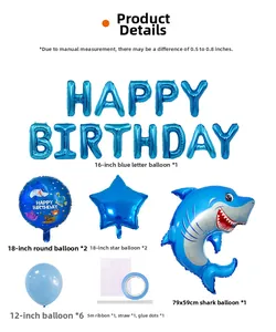 Set de globos de fiesta de tiburón con letras azules y decoraciones de animales marinos