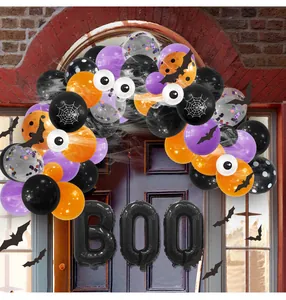 Halloween arch kit featuring black orange purple balloons with BOO foil letters and bats